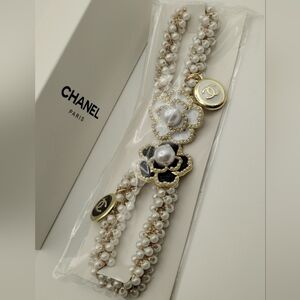 CHANEL Gold and White Floral Pearl Hair Bands Set Serial# On Both